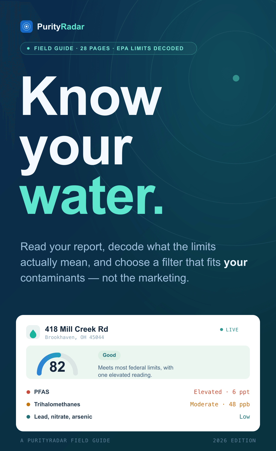 Know Your Water — a PurityRadar field guide: how to read your water report, what EPA limits mean, and choosing a filter that fits your contaminants.